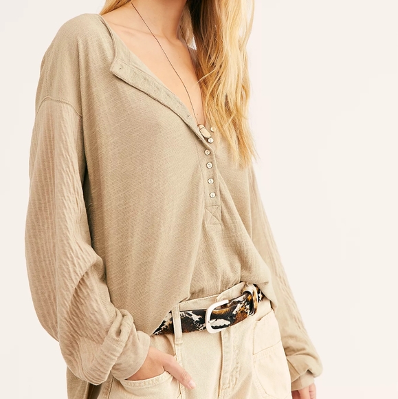 Free People Tops - WE THE FREE THERMAL HENLEY SHIRT BEIGE TAN SIZE L